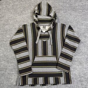 Senor Lopez Pullover Hoodie Mens Large L Black Gray Striped Baja Mexican Surfer